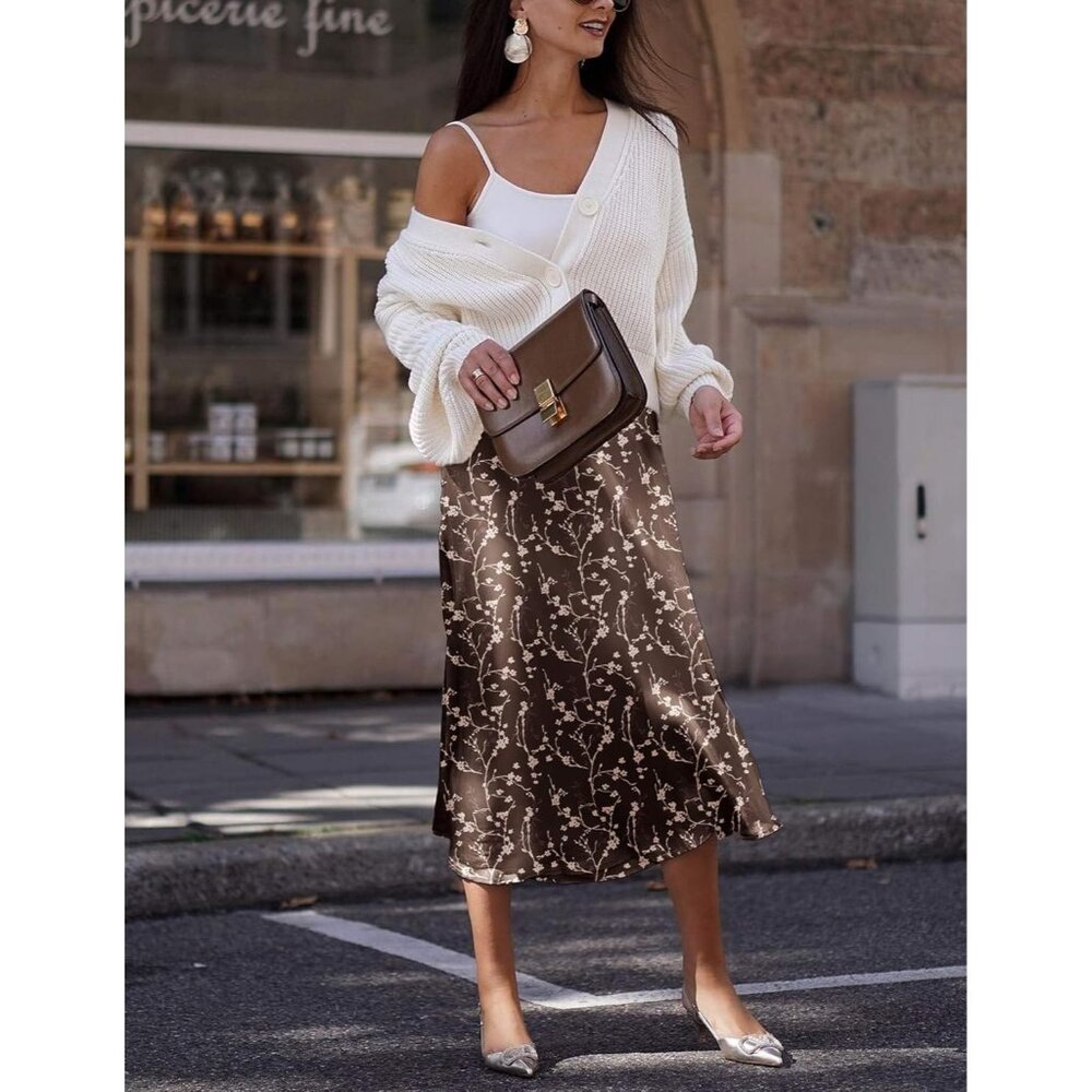Womens Brown & Tan Satin Fabric Elegant Breathable High Waist Pull On Midi Skirt - Picture 3 of 5